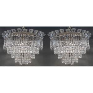 Pair Of Ceiling Lights In Nickel-plated Brass, With Crystal Tassels