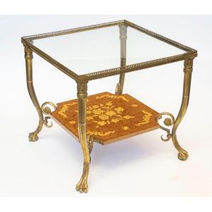 Table basse ou bout de canapé carré bronze et marqueterie