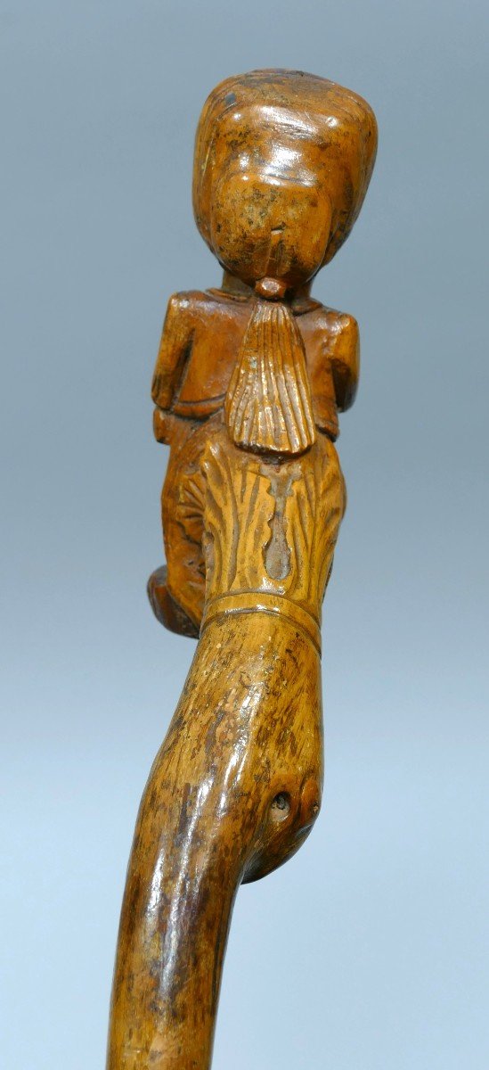 Folk Art Cane In Boxwood Monoxyle Representing A Moustached Greek Man-photo-4
