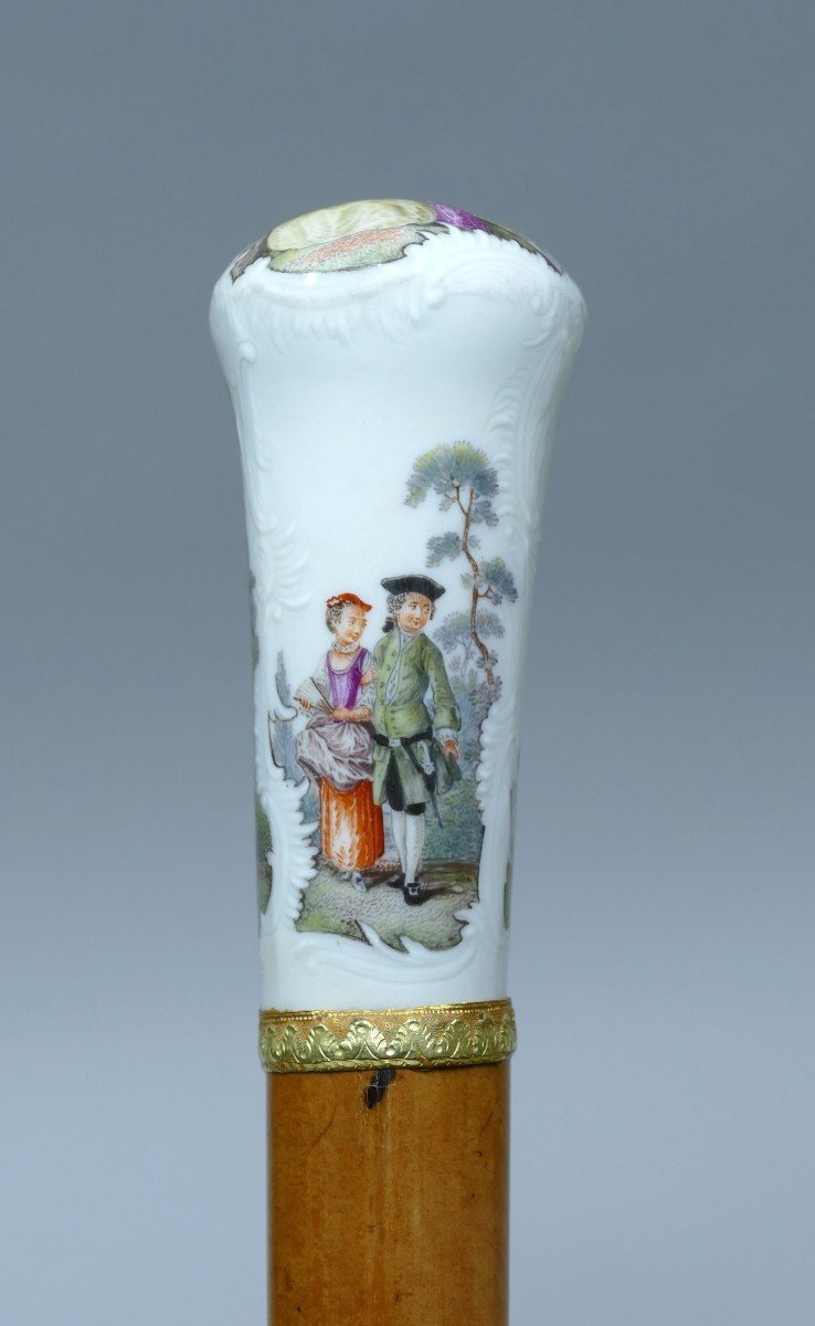 Great 18th Century Cane In Meissen Porcelain 