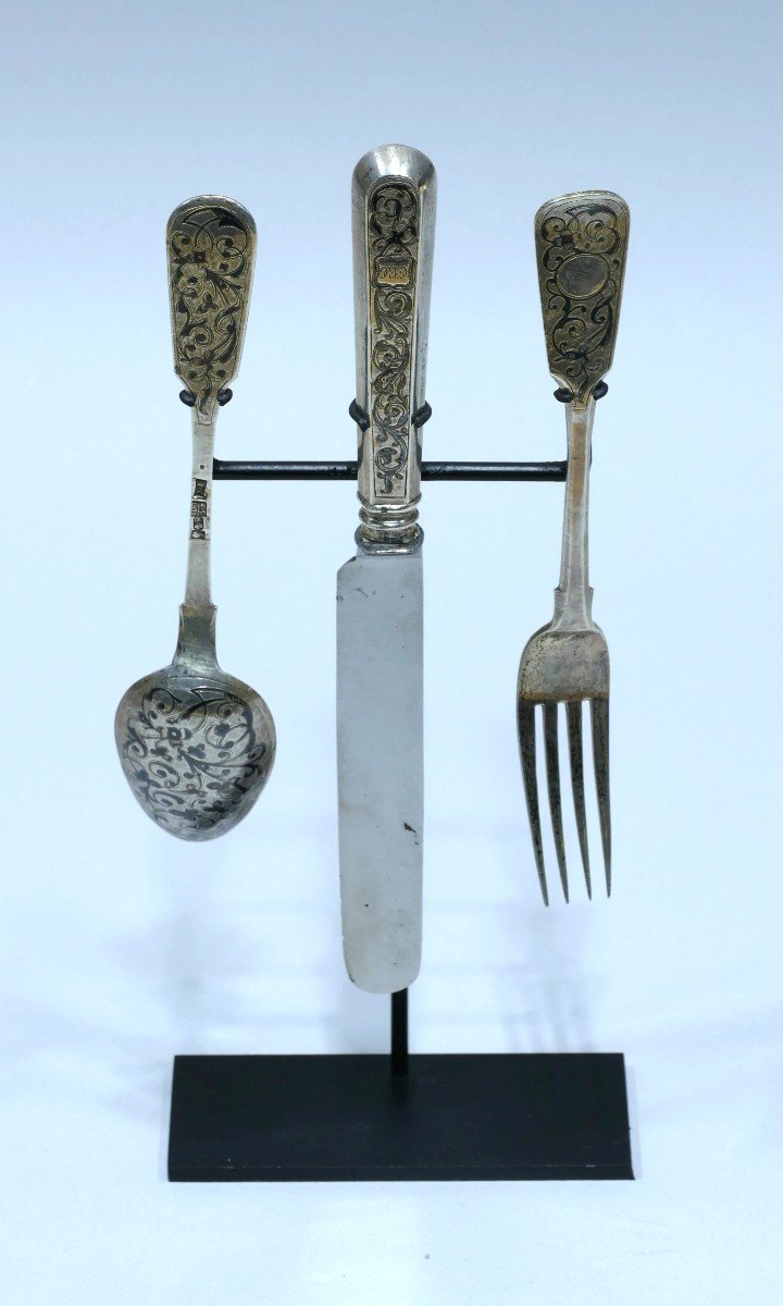 Fork, Spoon And Knife Set In Niello Silver Moscow Between 1865 And 1872.