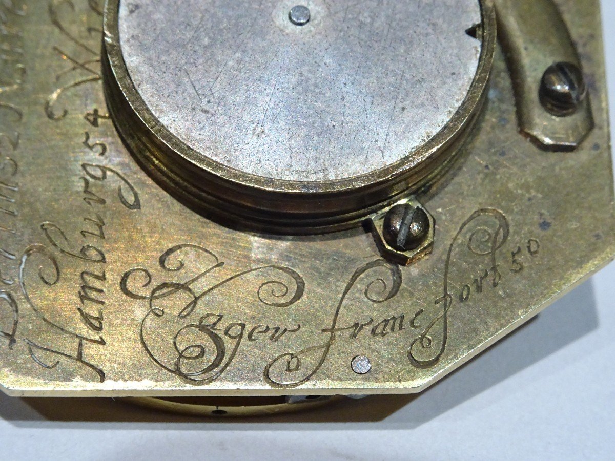 Octagonal Sundial Signed Hager In Gilted Brass Made Circa 1680 In Its Decorated Case-photo-3