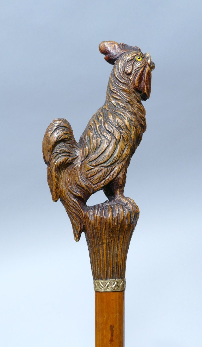 Collectible Cane With Wooden Handle Carved In Polychromy Representing A Rooster In Feet-photo-2