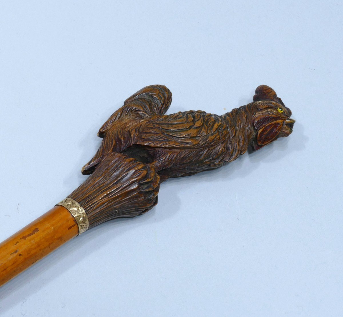 Collectible Cane With Wooden Handle Carved In Polychromy Representing A Rooster In Feet-photo-4