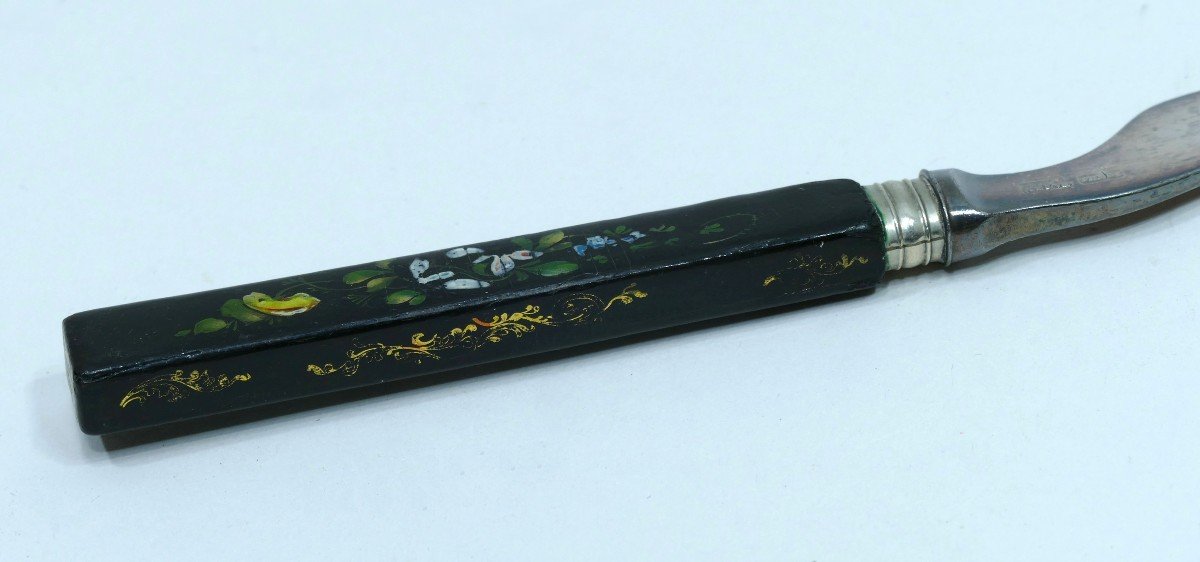 Butter Knife With Rare Painted Lacquer Handle Datable Around 1860-photo-3