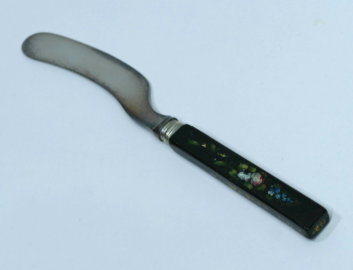 Butter Knife With Rare Painted Lacquer Handle Datable Around 1860-photo-4