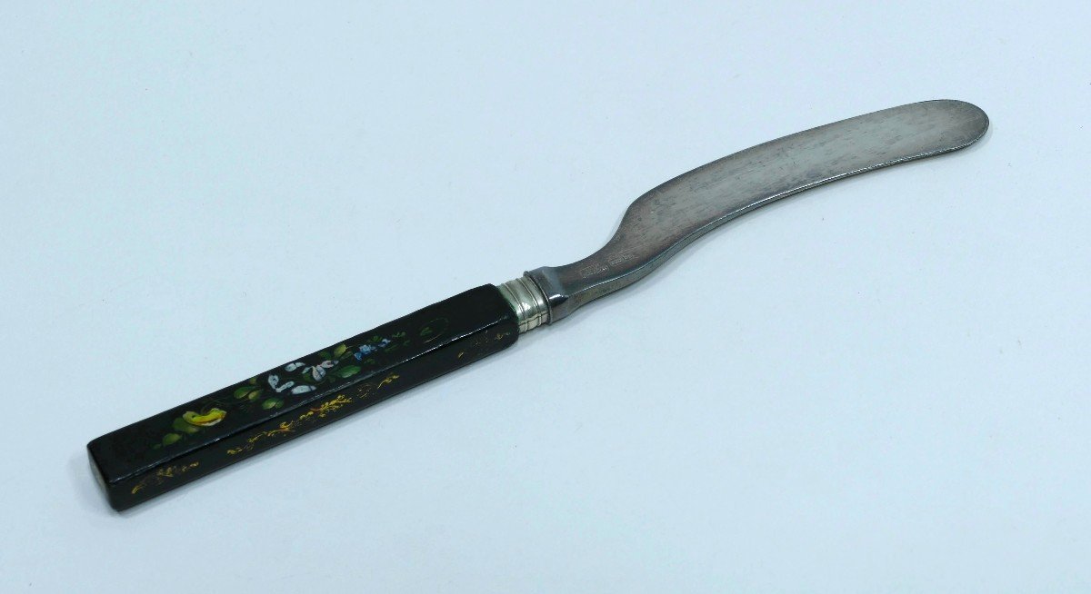 Butter Knife With Rare Painted Lacquer Handle Datable Around 1860