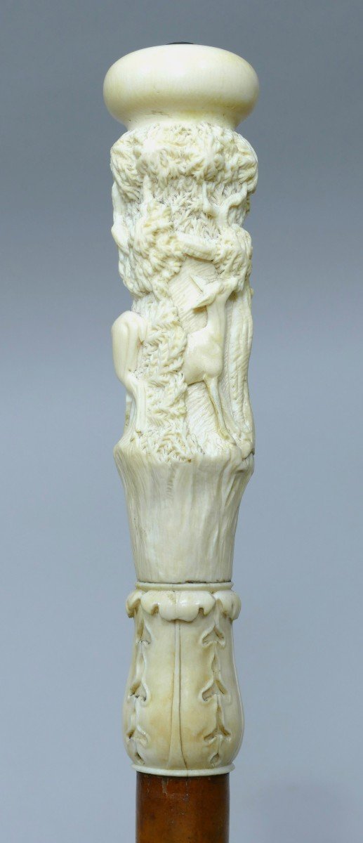 Collectible Cane With Ivory Handle Depicting A Stag And Two Does In The Forest.-photo-3
