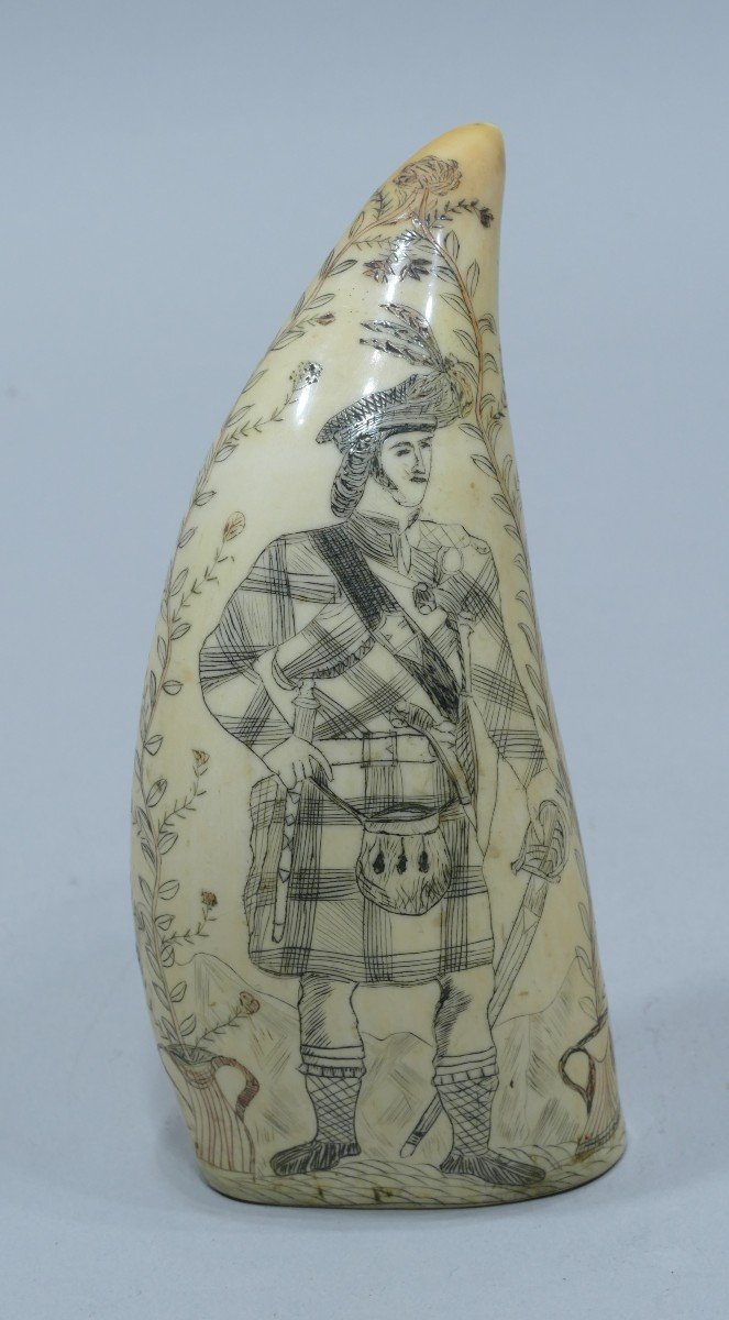 Pair Of 19th Century Sperm Whale Teeth Representing Two Scottish Men In Uniform-photo-2