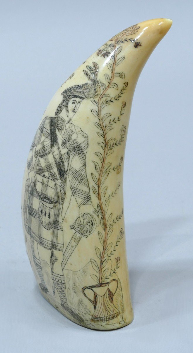 Pair Of 19th Century Sperm Whale Teeth Representing Two Scottish Men In Uniform-photo-1