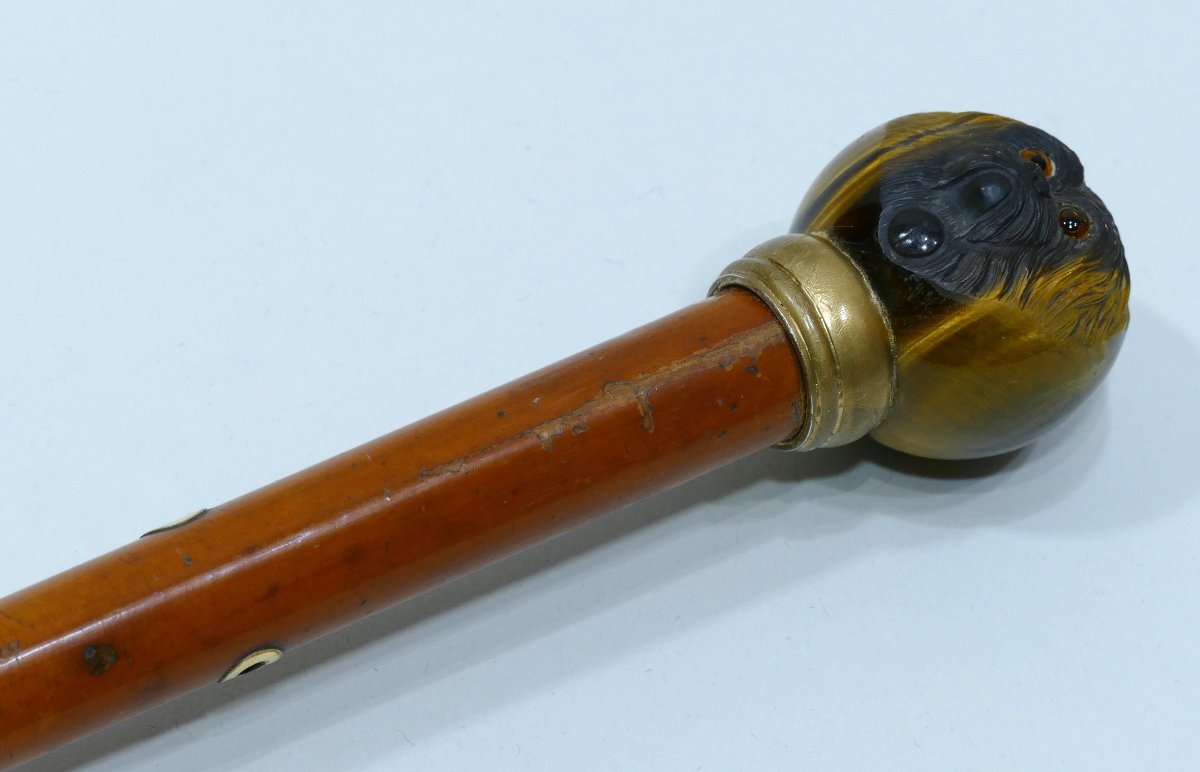 Canne De Collection Du 19ème Siècle Avec Pommeau En Oeil De Tigre Sculpté-photo-3