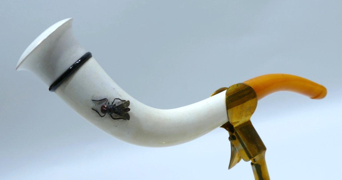 Fume-cigarette en écume et jais avec rare décor d'une mouche en argent-photo-2