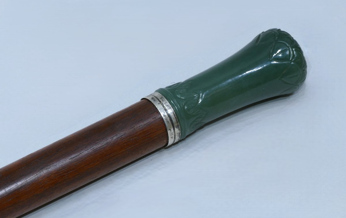 Canne de collection du 19ème siècle avec pommeau en jade sculpté de fleurs-photo-3