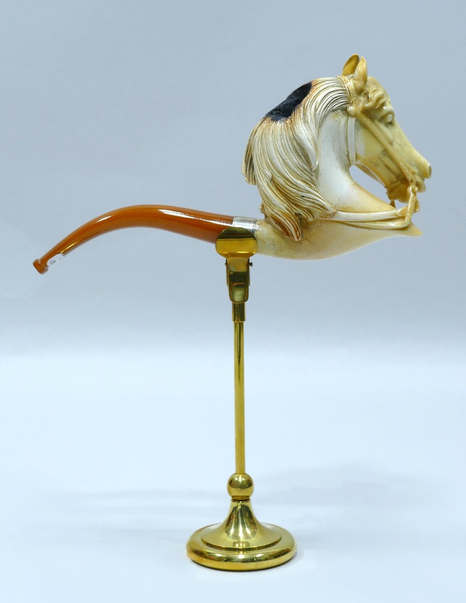 Puissante pipe en écume de mer représentant une tête de cheval-photo-4