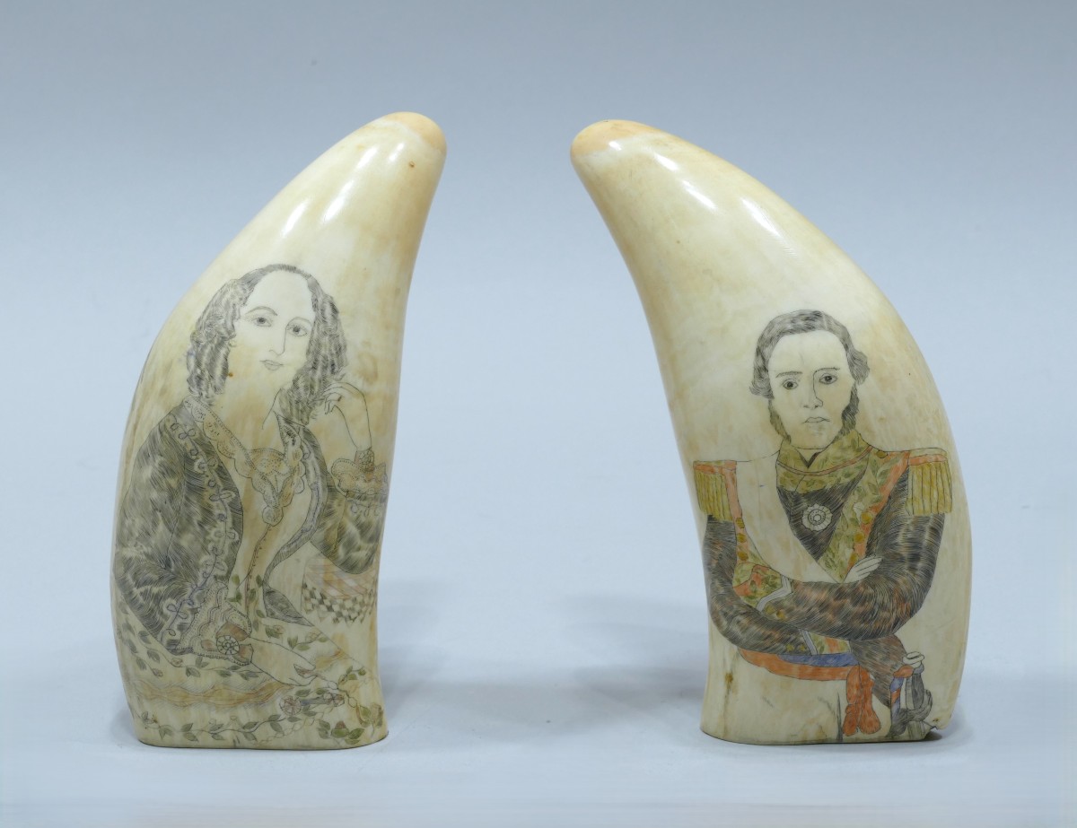 Puissante paire de dents de cachalot du 19ème siècle représentant deux couples