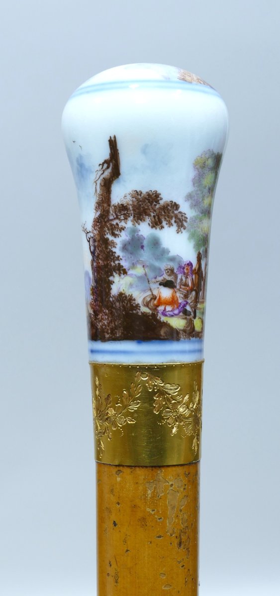 18th Century Collection Cane With Meissen Porcelain Handle-photo-3