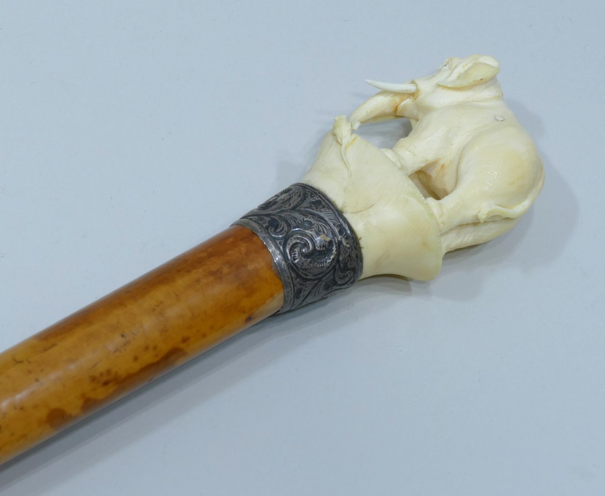 A Charming, Pretty Cane With An Ivory Handle Depicting An Elephant And A Mouse-photo-2
