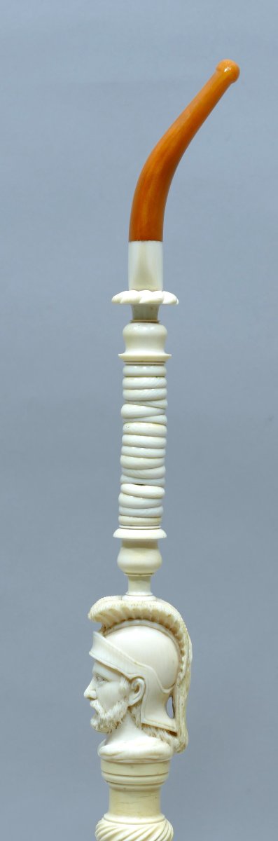 Tuyau de pipe en ivoire du 19ème siècle sculpté de scènes de combats-photo-5