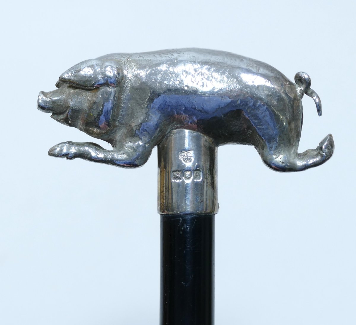 A 19th-century Collector's Cane With A Silver Handle On The Rare Pig Theme-photo-2