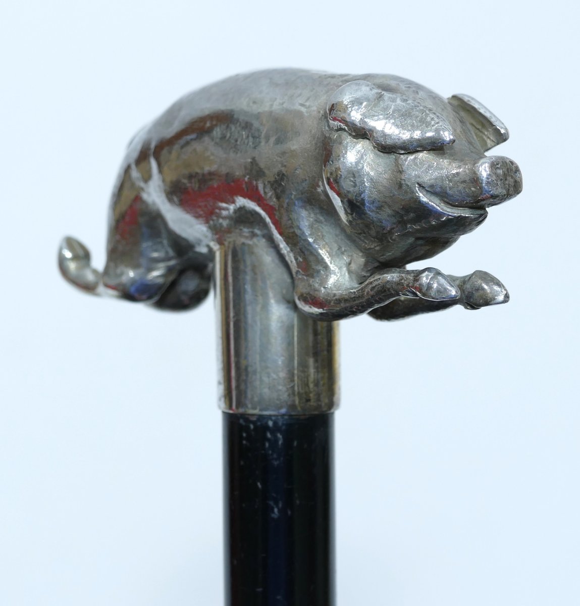 A 19th-century Collector's Cane With A Silver Handle On The Rare Pig Theme-photo-3