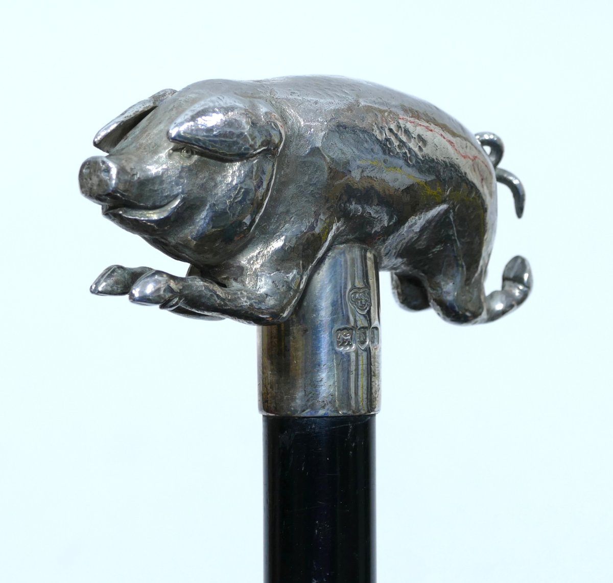 A 19th-century Collector's Cane With A Silver Handle On The Rare Pig Theme-photo-4