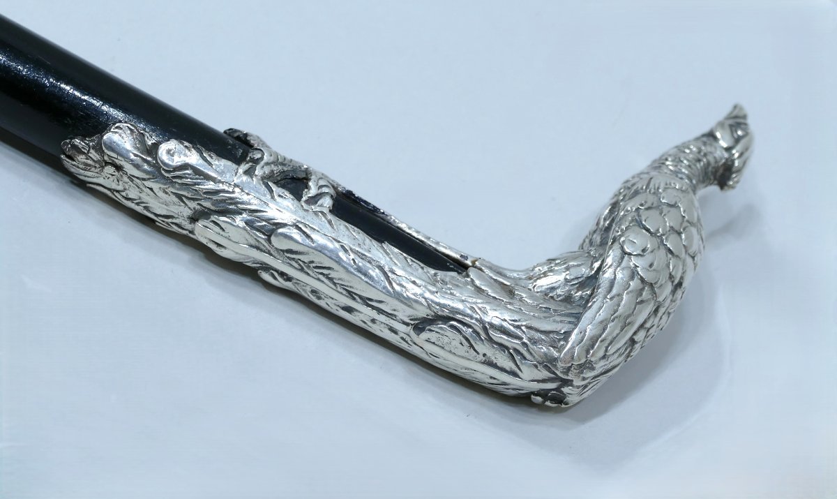 Canne de collection Art Nouveau avec beau pommeau en argent représentant un paon-photo-1
