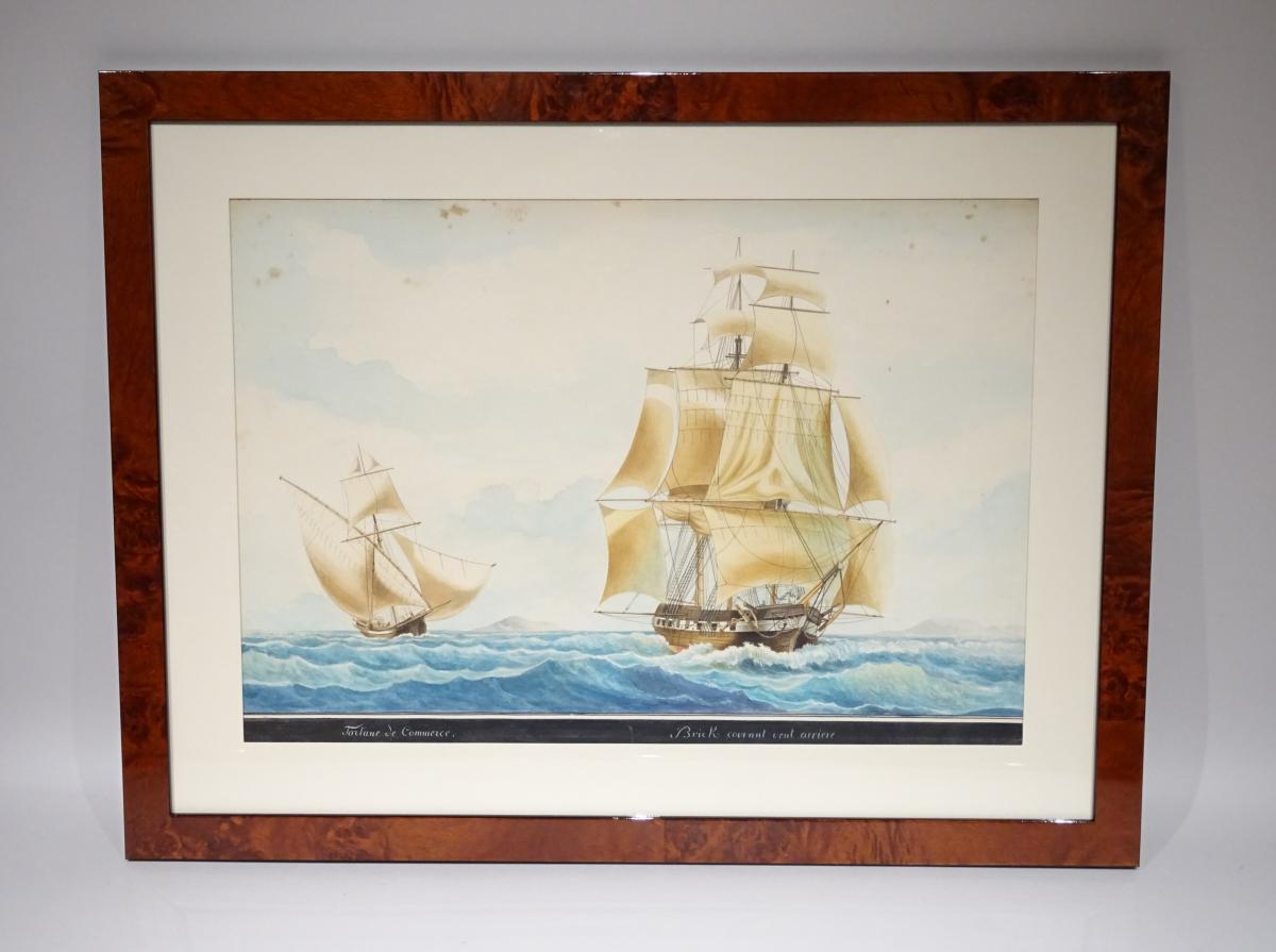 Watercolor Tartane Commerce Attributed To Mathieu Roux Fils