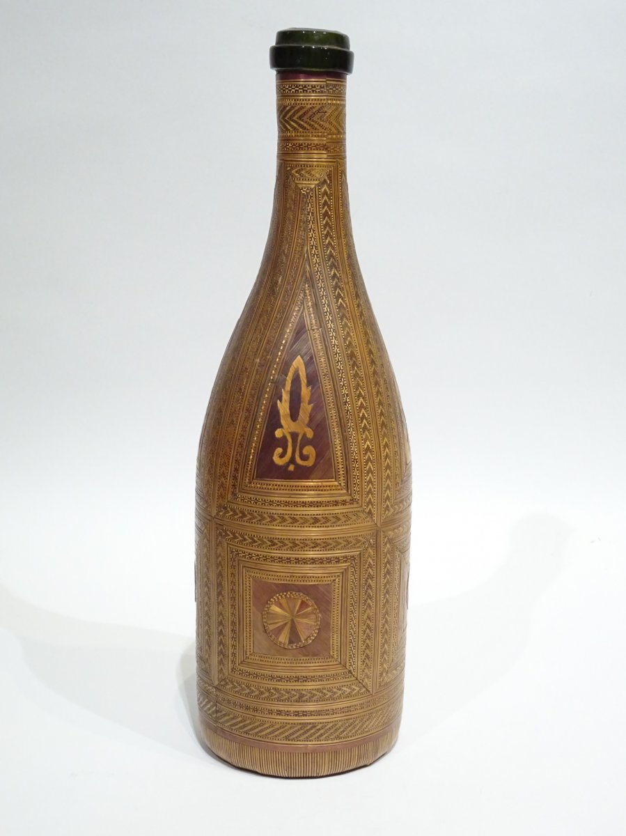 Bouteille De Verre En Paille à Décors Géométriques - 19ème Siècle-photo-3