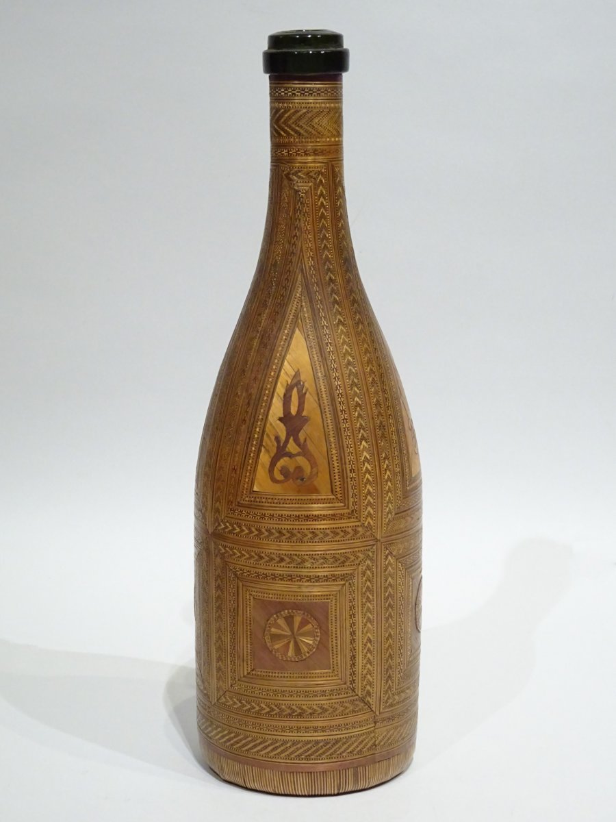 Bouteille De Verre En Paille à Décors Géométriques - 19ème Siècle-photo-1