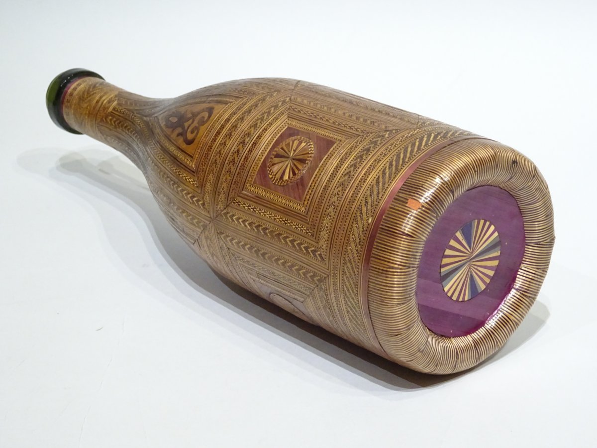 Bouteille De Verre En Paille à Décors Géométriques - 19ème Siècle-photo-3