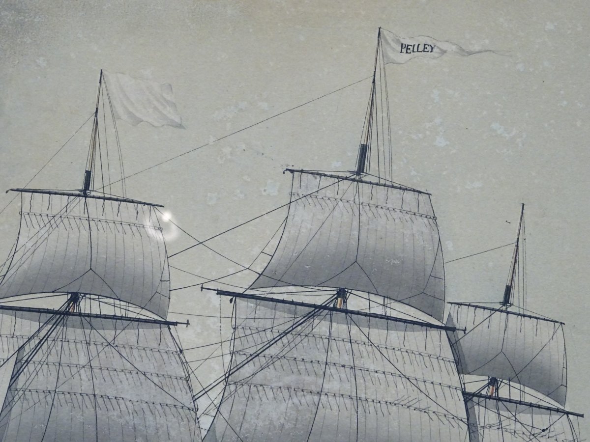 Watercolor Representing A Three Masts Barque By François Roux-photo-1