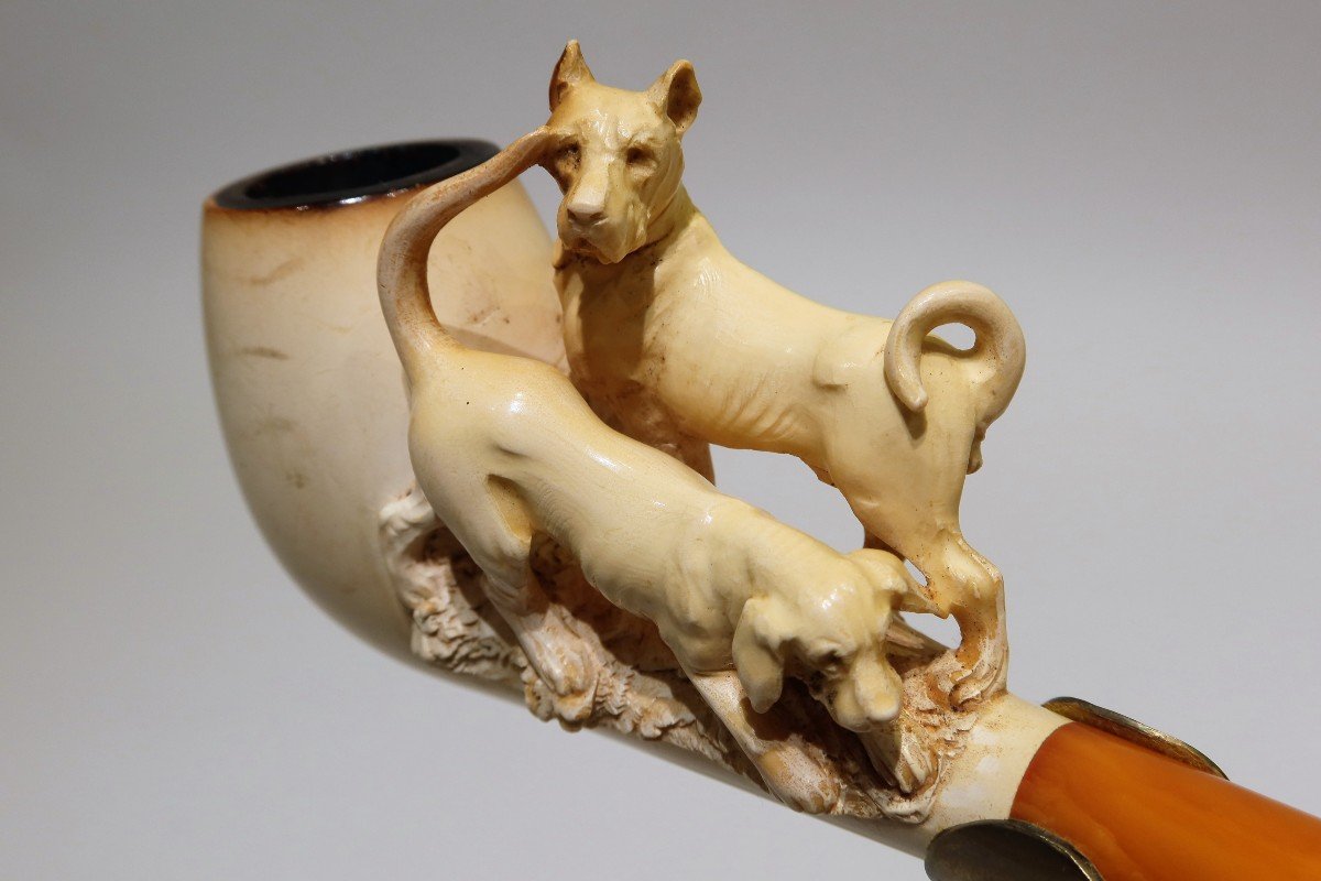 Meerschaum Pipe Representing Two Dogs Of Different Breed-photo-2