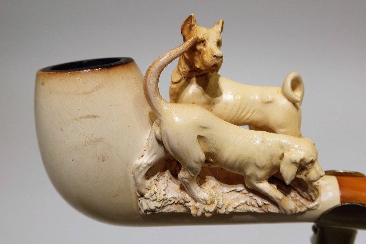 Meerschaum Pipe Representing Two Dogs Of Different Breed-photo-3