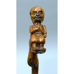 Folk Art Cane In Boxwood Monoxyle Representing A Moustached Greek Man