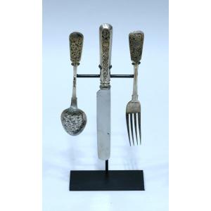 Fork, Spoon And Knife Set In Niello Silver Moscow Between 1865 And 1872.