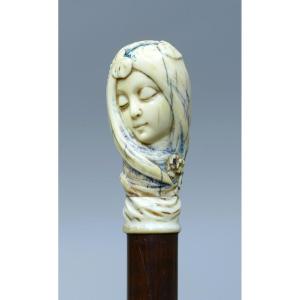 Collection Cane With Polychrome Ivory Handle Representing A Pretty Woman In Profile