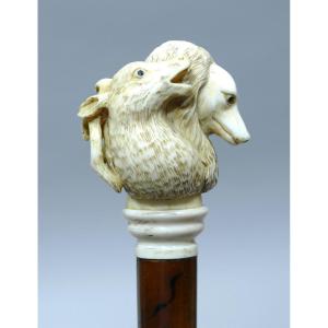 Great Cane With Beautiful Ivory Handle Representing A Dog, A Wolf And A Deer