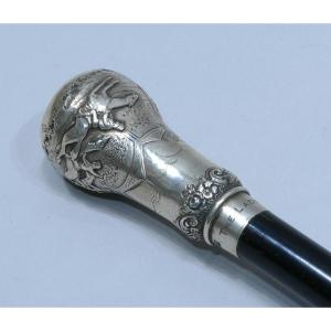 Collectible Cane With Silver Handle With The Inscription Malta Racing Club 1908 