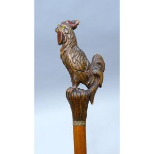 Collectible Cane With Wooden Handle Carved In Polychromy Representing A Rooster In Feet