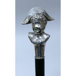 Cane With Silver Handle Representing A Harlequin