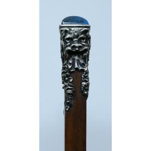 Canne De Collection Avec Pommeau En Sodalite Monté Argent à Décor De Grotesques