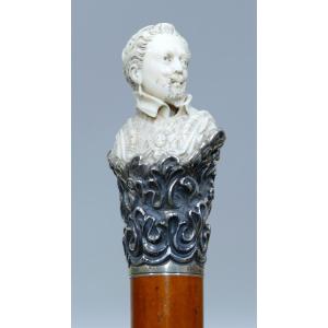 Historic Cane With Ivory And Silver Handle Depicting King Henry III