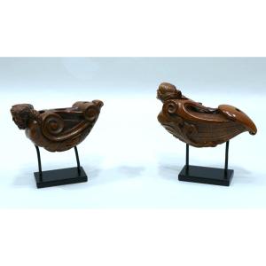 19th Century Set Of Two Boxwood Pipes Representing Neptune And A Mermaid