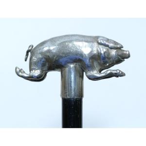 Canne de collection du 19ème siècle avec pommeau en argent sur le rare thème du cochon