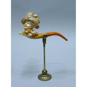 Meerschaum Pipe Representing A Pretty Woman With A Hat
