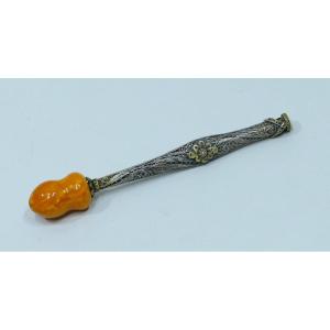 19th Century Datable Silver Filigree And Amber Chibouque Pipe