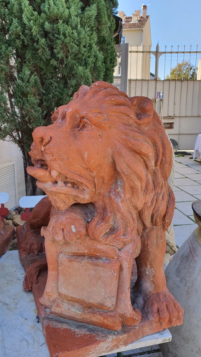 Pair Of Lions In Terracotta-photo-2