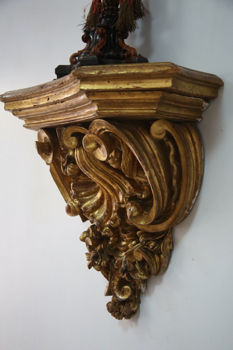 Large Wall Console In Golden Wood, Italian Work In The Baroque Style.-photo-3