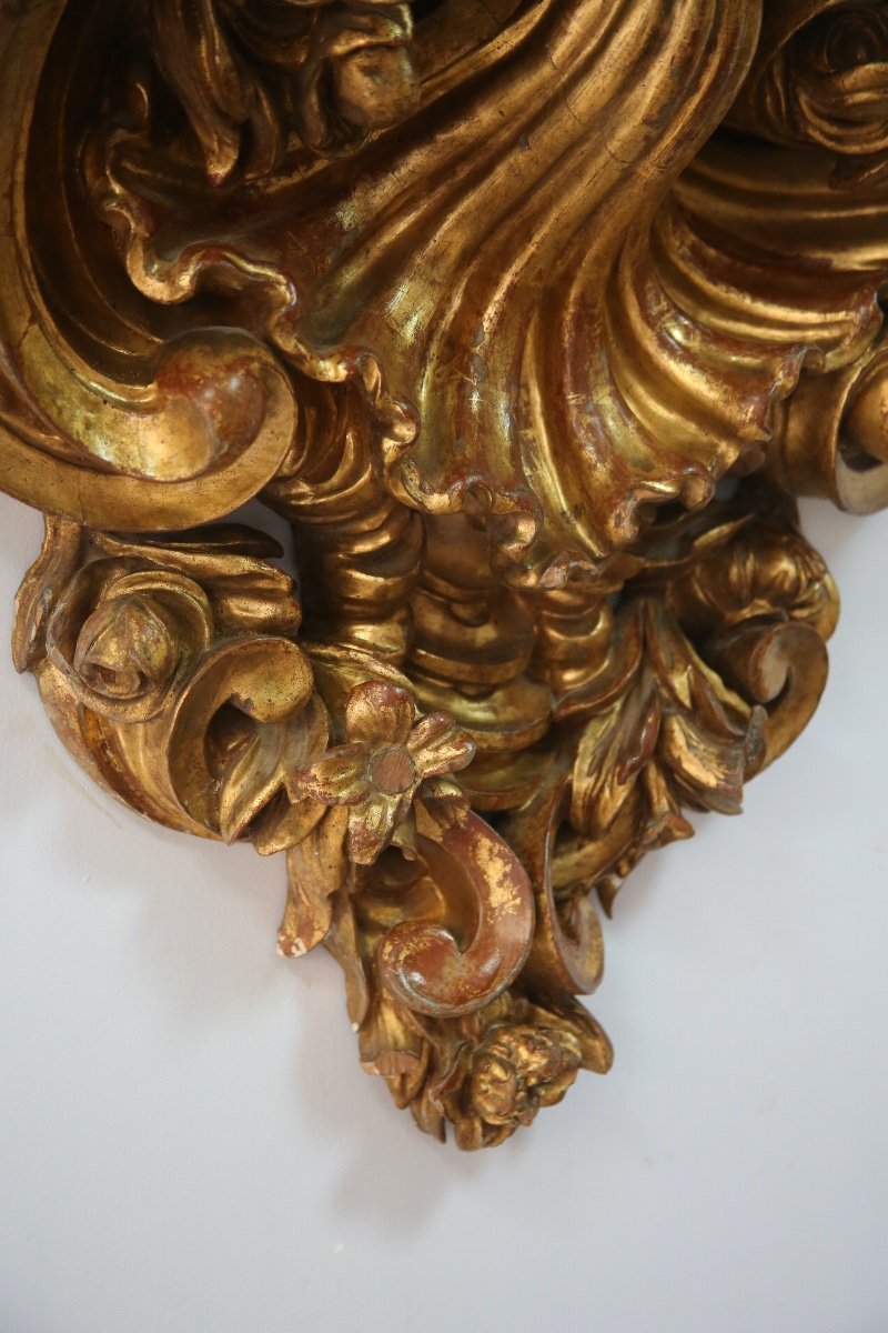 Grande console d'applique en bois doré, travail Italien de style Baroque.-photo-2