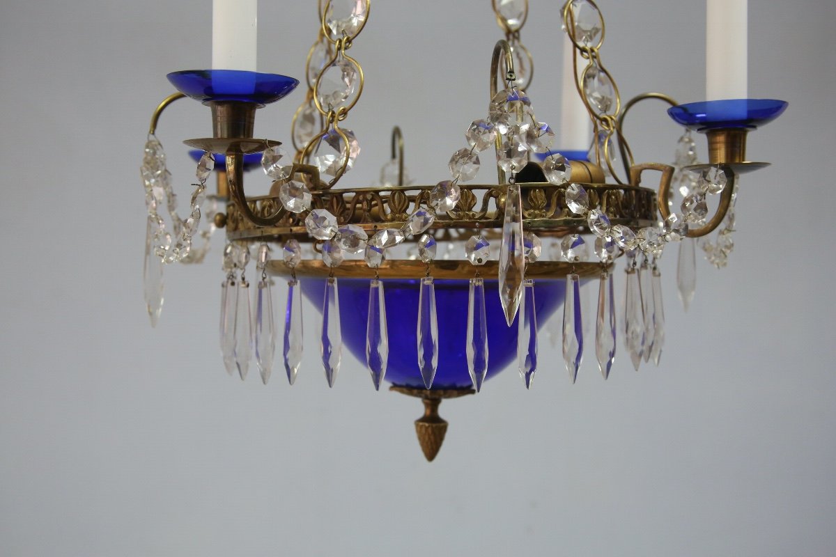 Chandelier In Bronze, Cut Glass And Cobalt Blue Glass In The Gustavian Style, Sweden-photo-2